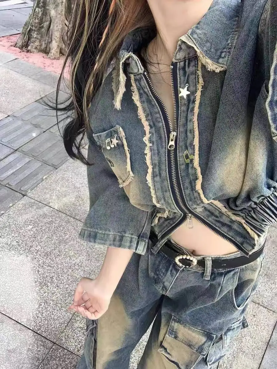 

American New Fashion Vintage Washed Sanded Denim Jacket Tops Y2K Streetwer Fashion Tooling Multi-pocket Baggy Casual Jeans Suit