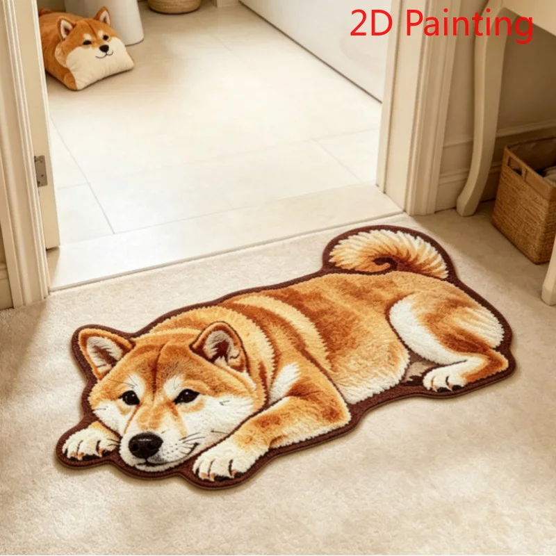 VIKAMA High-Definition Reclining Shiba Inu Plush Absorbent Floor Mat, Bedroom Bedside Mat, Entrance Japanese Style Floor Mat