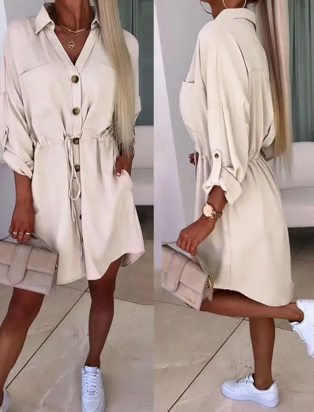 

New Fashion 2024 Summer Casual Mini Roll Up Sleeve Long Sleeve Buttoned Turn-Down Collar Shirt Dress Elegant Dresses for Women