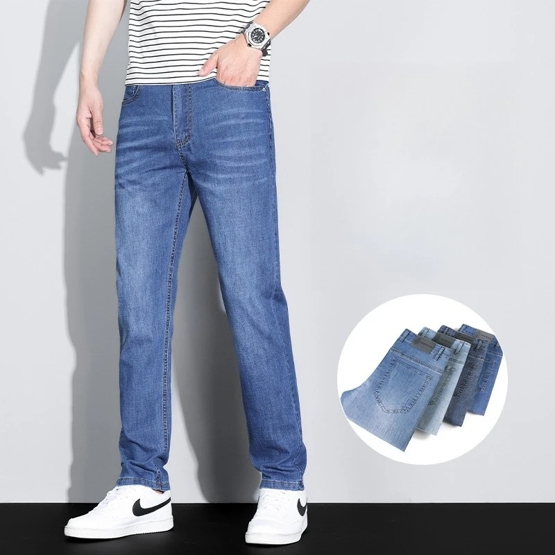 Celana Kargo Denim Sutra Es Pria Jeans Kasual Bisnis Tipis Baru Musim Panas Luar Ruangan Y2K Cocok untuk Semua Jeans Elastis Lurus Slim Fit Pria