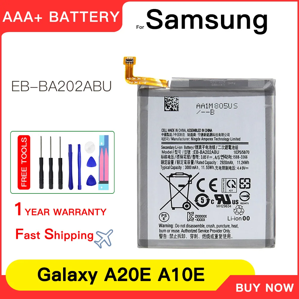 

Genuine New EB-BA202ABU Battery For Samsung Galaxy 2019 A20e A20E A20 A202F SM-A202F/DS,SM-A202,SM-A202J,SM-A102 Batteria+Tools