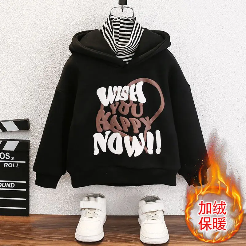 

Boys Fleece Thickened Sweatshirt 2023 Hoodies Autumn New Kids Children's Hooded Turtleneck Fleece Thermal Top from 4 to 12 Years