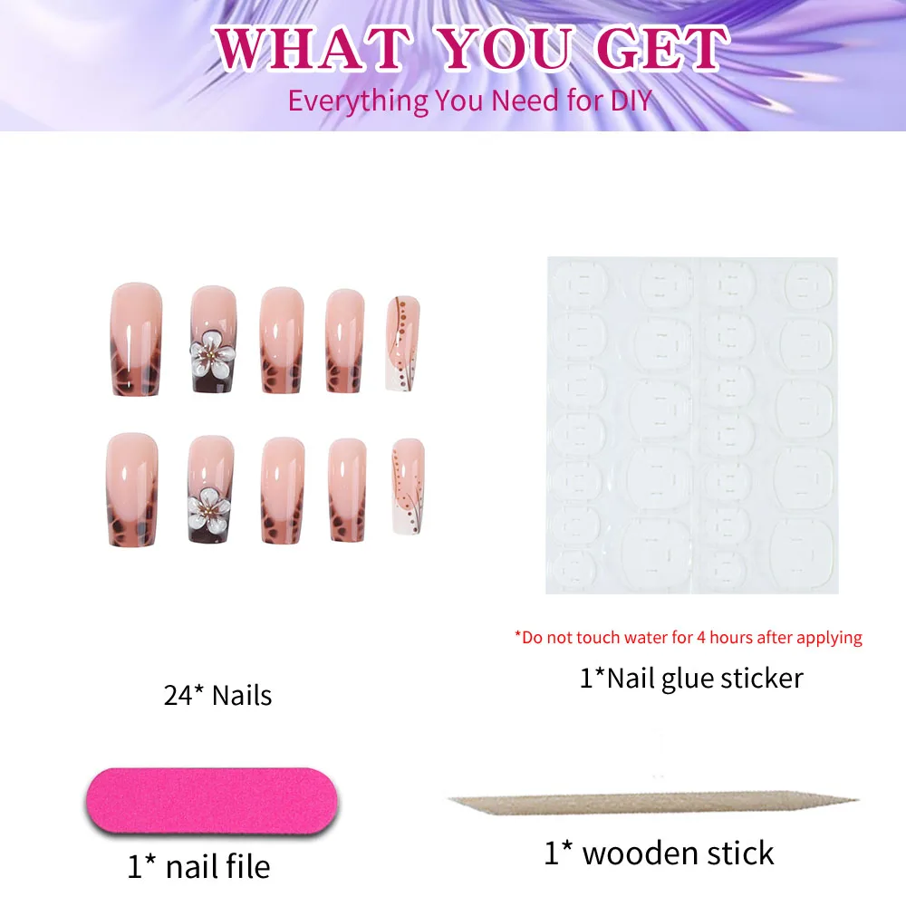 Eleve su estilo con 24 Uds. De uñas de gel tridimensionales 3D, hace uñas de flores con diseño de bola de acero pequeña, punta cuadrada francesa Pre