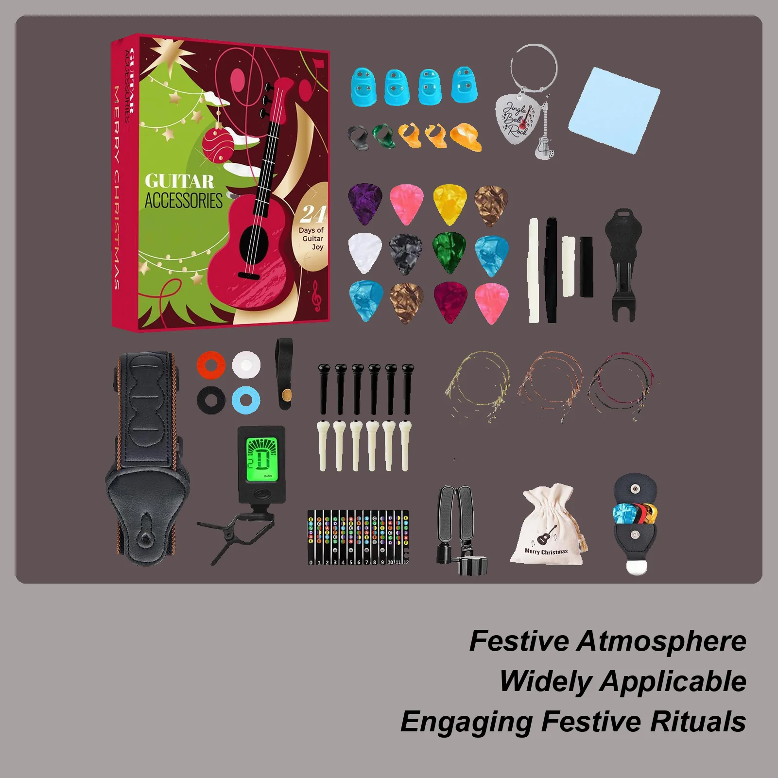 

Адвент-календарь с гитарой на 2025 года для взрослых и подростков, 24-дневный календарь обратного отсчета на Рождество с каподастр Gutiar Picks, тюнером, струнами и аксессуарами