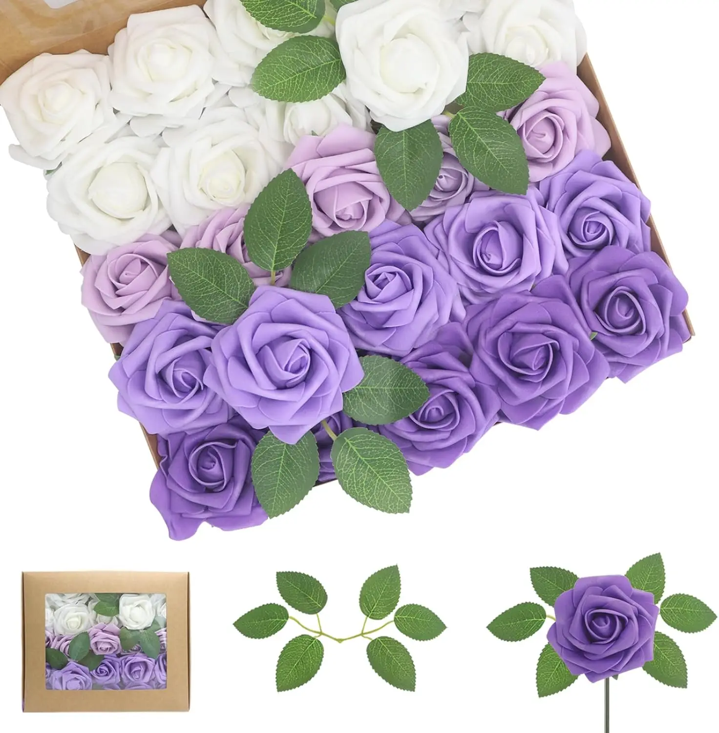 

100 шт. фиолетовых искусственных роз с листьями - реалистичные цветы из пенопласта для свадебных букетов, украшений для вечеринок