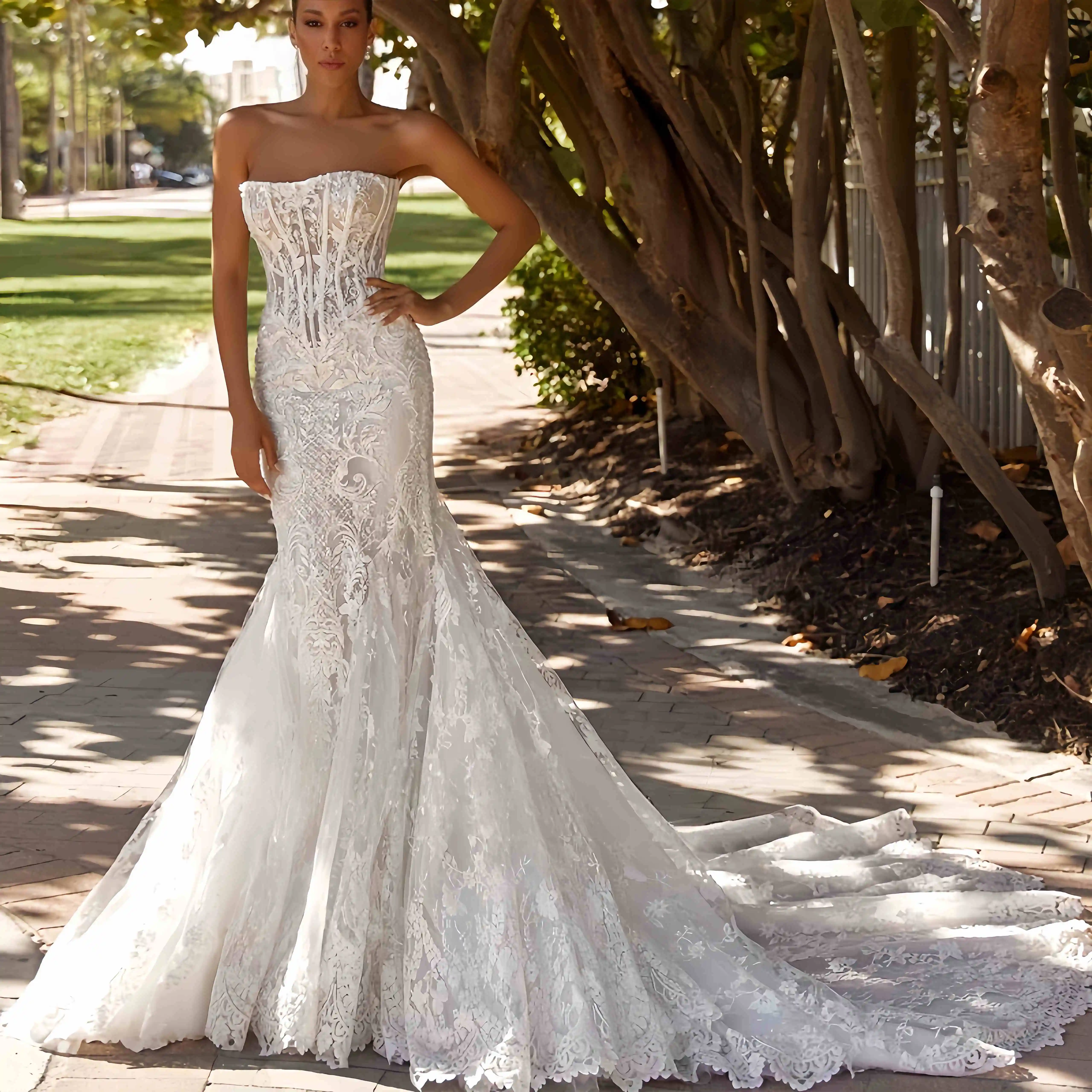 Vestidos de novia de sirena de encaje de lujo, vestido de novia sin mangas con cuello en forma de corazón, vestidos de novia hechos a medida