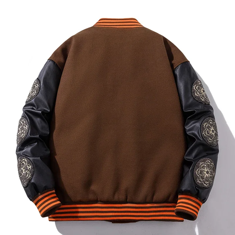 Chaqueta de béisbol de manga de cuero para hombre y mujer, abrigo de lana de retazos, Parkas de Hip Hop, botones, marrón y rojo, grueso y cálido, invierno