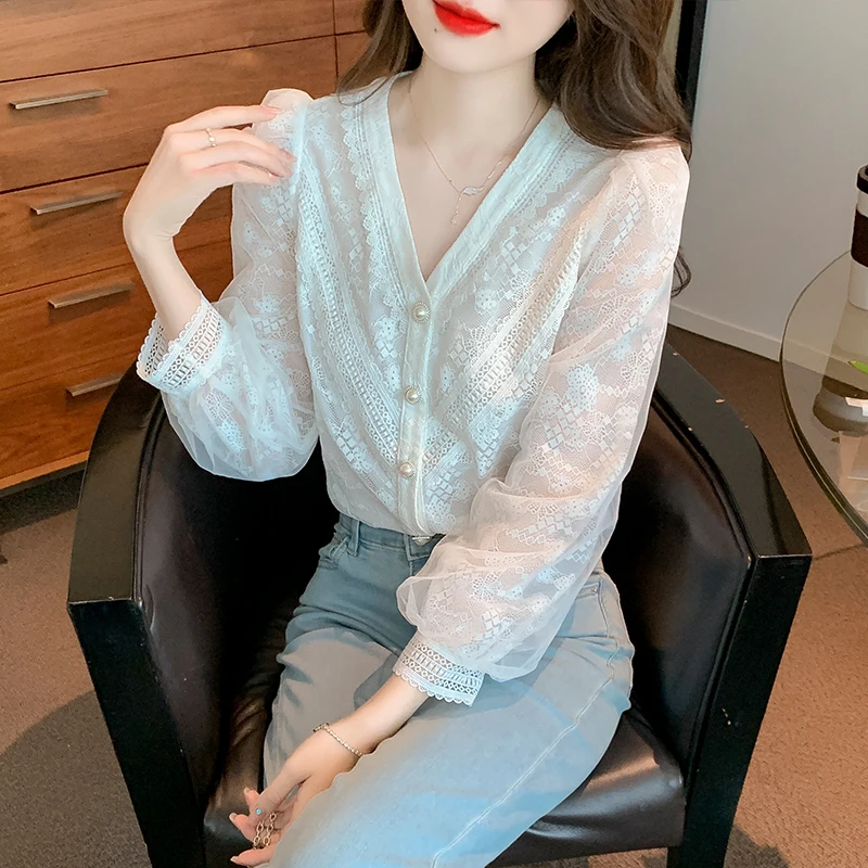 Long Sleeve White Blouse Shirt Women Tops Blusas Mujer De Moda 2024V-Neck Lace Blouse Women Shirts Blouses Blusa Camisas G383