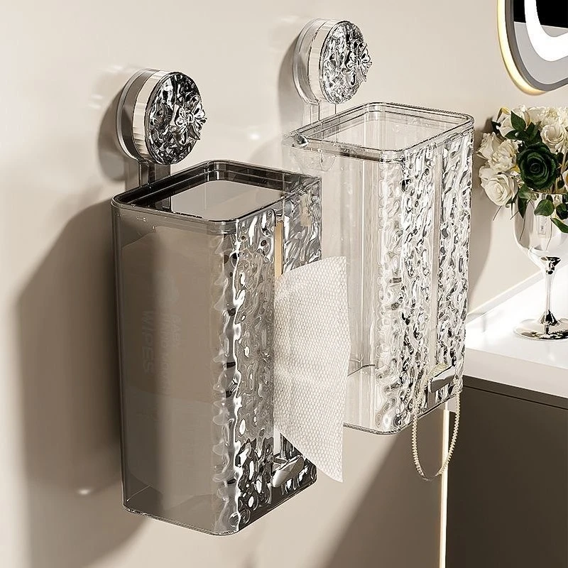 Ice Texture Suction Cup Tissue Box Punch-free Wall Mount Facial Towel Holder Luxury Transparent Napkin Organizer for Bathroom