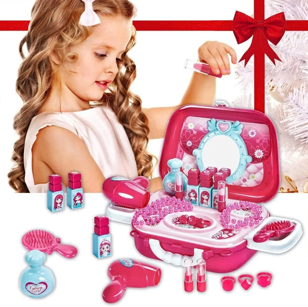 Bolsa de maquillaje de princesa 2 en 1 para niños, Kit de joyería de juguete, juego de maquillaje de simulación para niñas