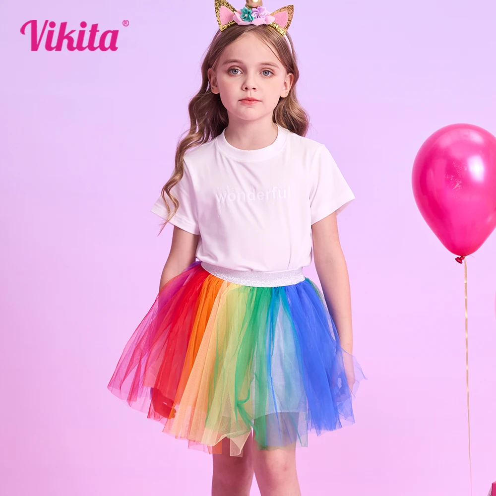 VIKITA Girls Rainbow Colorful Mini Skirts Kids Mesh Tulle Birthday Party Performance Stage Princess Skirts Children Clothing