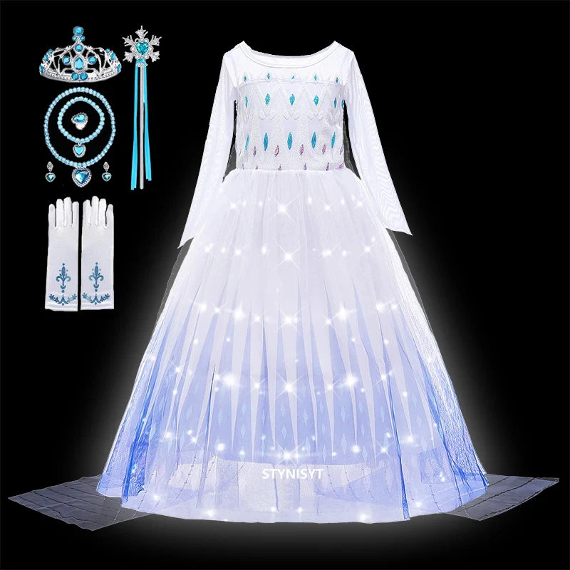 ☆ Disfraz de Elza de YunCos, Capa con Luces LED para Fiesta de Cumpleaños, Ropa de Carnaval, Vestido de Princesa para Niñas ☆