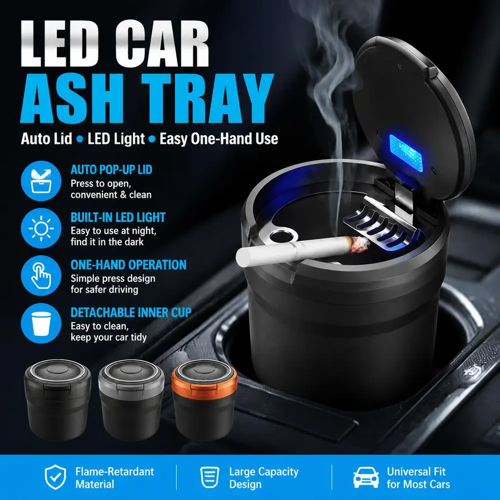 LED Car Ashtray Auto Pop-Up Lid Flame Retardant Ash Tray Portable Cigarette Smoke Extinguisher Holder Car Cup Holder Box