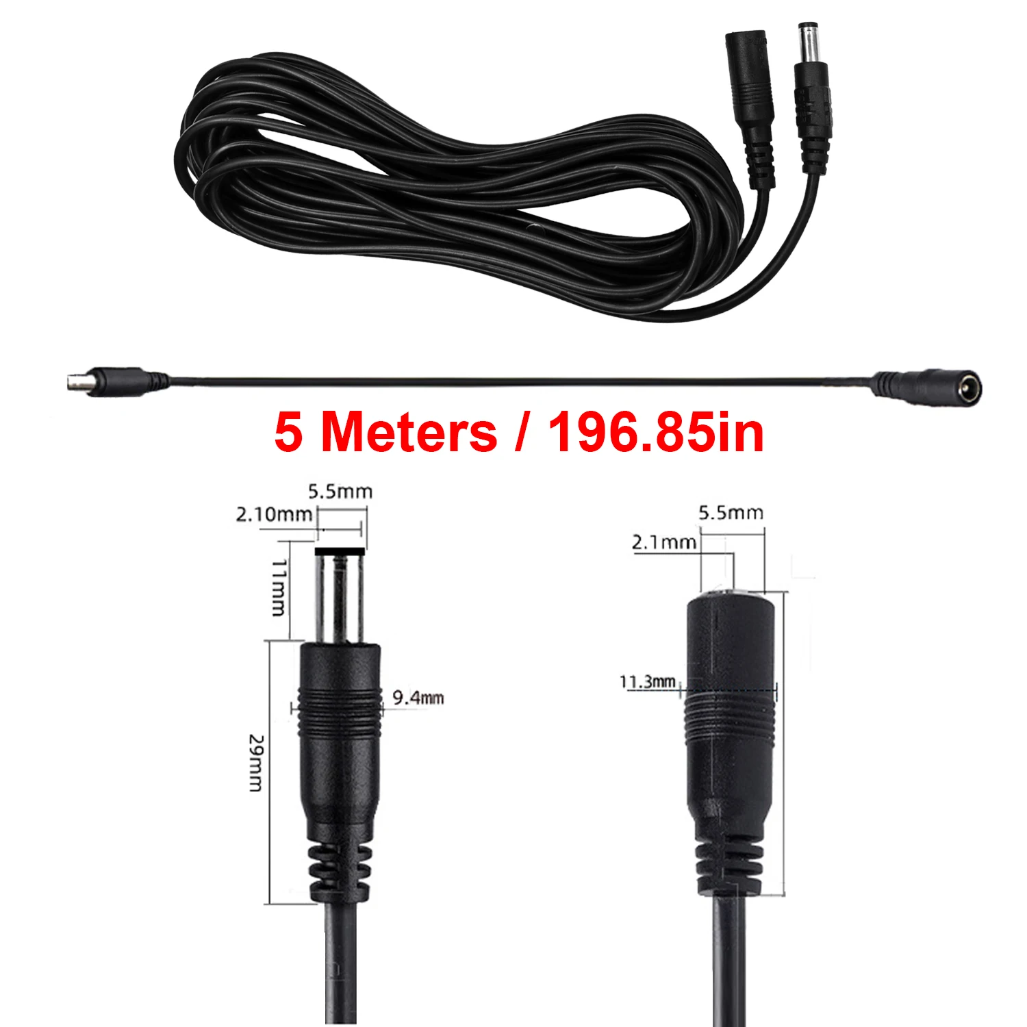 2pcs 5M DC12V Power Extension Cable 5.5*2.1mm Connector Male To Female Adapter 5 Meter Cord Line For LED Lamp Strip CCTV Camera