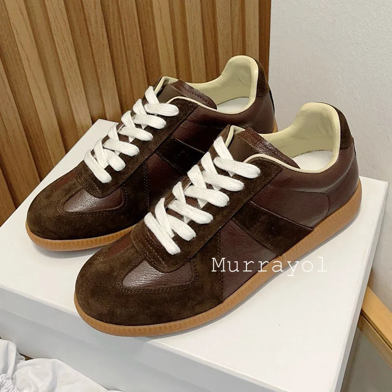 New Cow Suede Splicing Lace-up Mixed Color Walking Shoes Round Toe Retro Casual Shoes Four Seasons Outwear Flat Shoes Unisex