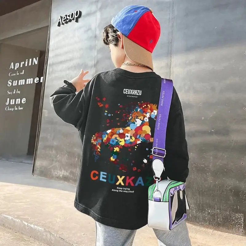 

Хлопковая футболка с длинными рукавами, корейская детская одежда, одежда 2025 года, одежда для мальчиков 8–10 лет, футболки для мальчиков от 12 лет, футболки