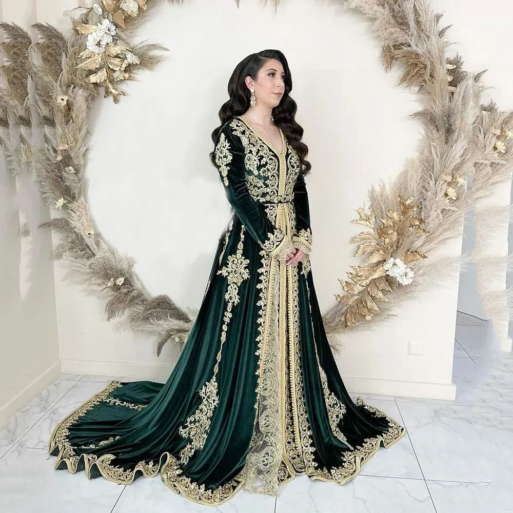 

Green Moroccan Kaftan Muslim Evening Dresses A-line V-neck Long Sleeves Appliques Dubai Arabic Turkey Caftan Islamic Gown