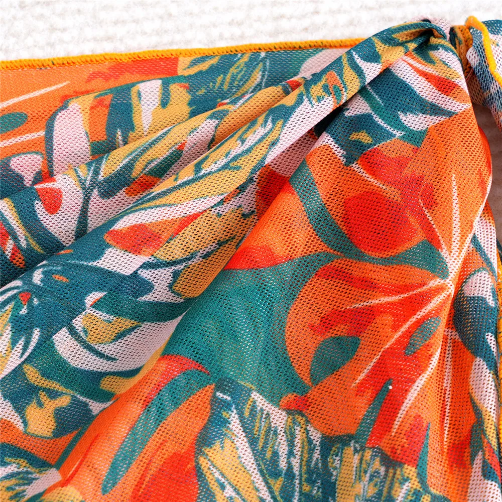 リーフプリント フリル付き ホルターネック 水着 3点セット ビキニ メッシュカバーアップ セクシー水着 レディース 2026 水着 レースアップビキニ 女性用