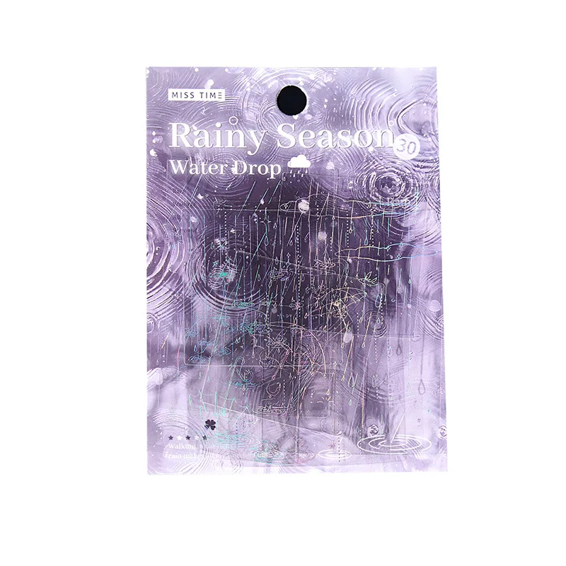 1pack/30pcs Laser Rain Themed Transparent Glitter Stickers Holographic Raindrop Decals Scrapbooking DIY Journal Craft Supplies view 5