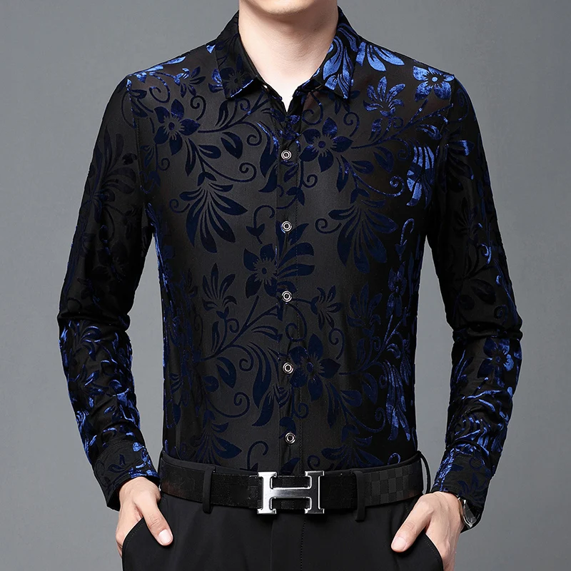 Summer and autumn gentleman casual hollow lace slim shirt men's long sleeve high quality velvet soft and comfortable silky shirt