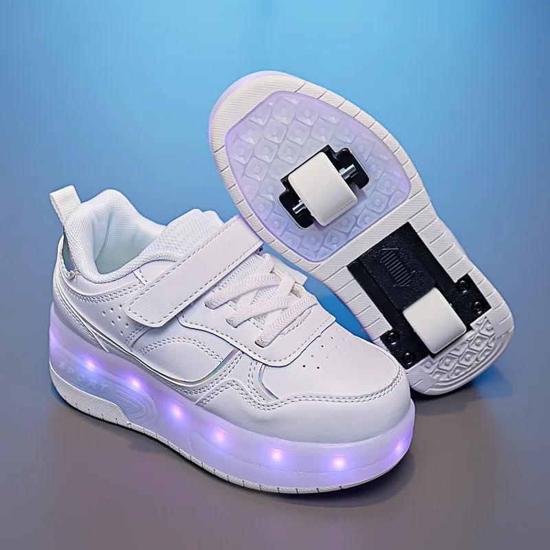 Two Wheels Unisex Children LED Shoes Fashion USB Recharge Roller Skates PU Leather Breathable Kids Sneakers Size 28-38