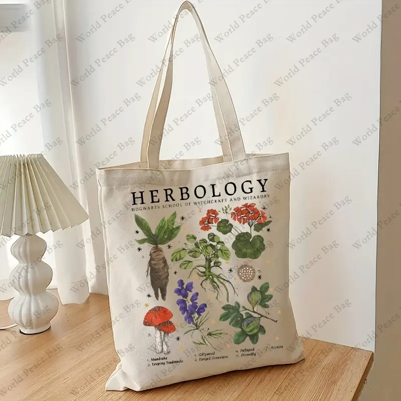 1pc Herbology Plants Pattern Tote Bag, Botanical Travel Bag, Gardening Tote Bag Shoulder Bag, Gift For Plant Lover