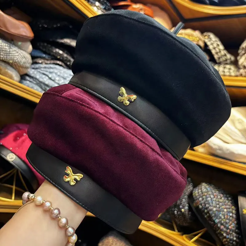 Korean version of the new leather eaves splicing velvet beret spring and autumn travel fashion everything temperament painterhat