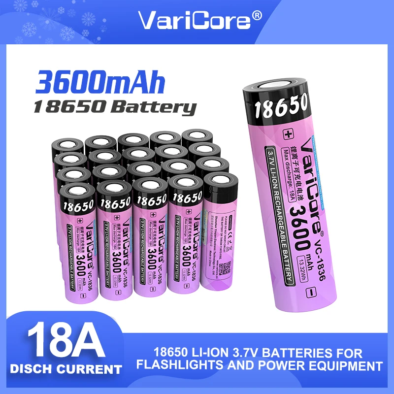 

VariCore VC-1836 3.7V Li-Ion 18650 Lithium Battery 3600mAh Rechargeable Battery 18A High Drain For Flashinglight Vaping