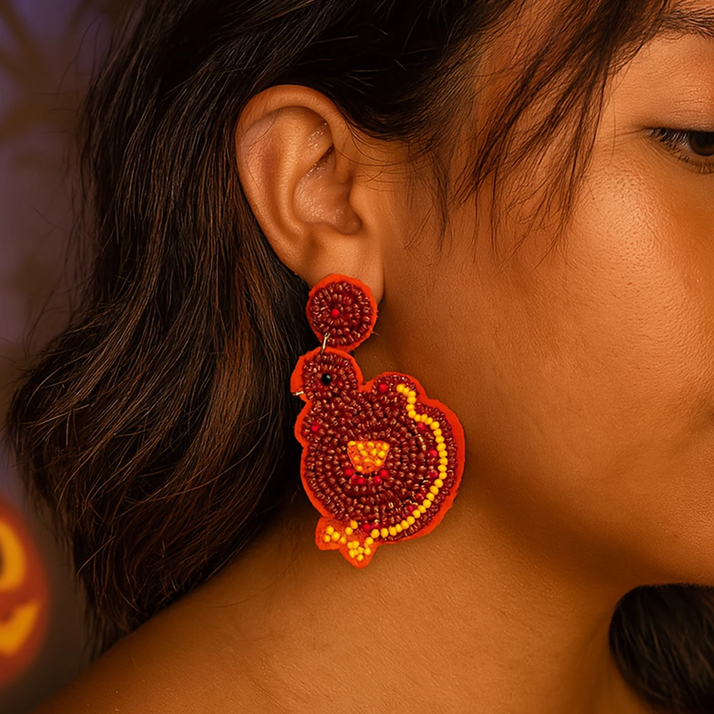 

1 Pair Thanksgiving Turkey Beaded Earrings for Women Handmade Fall Dangle Drop Jewelry Cute Festival Party Accessories Gift