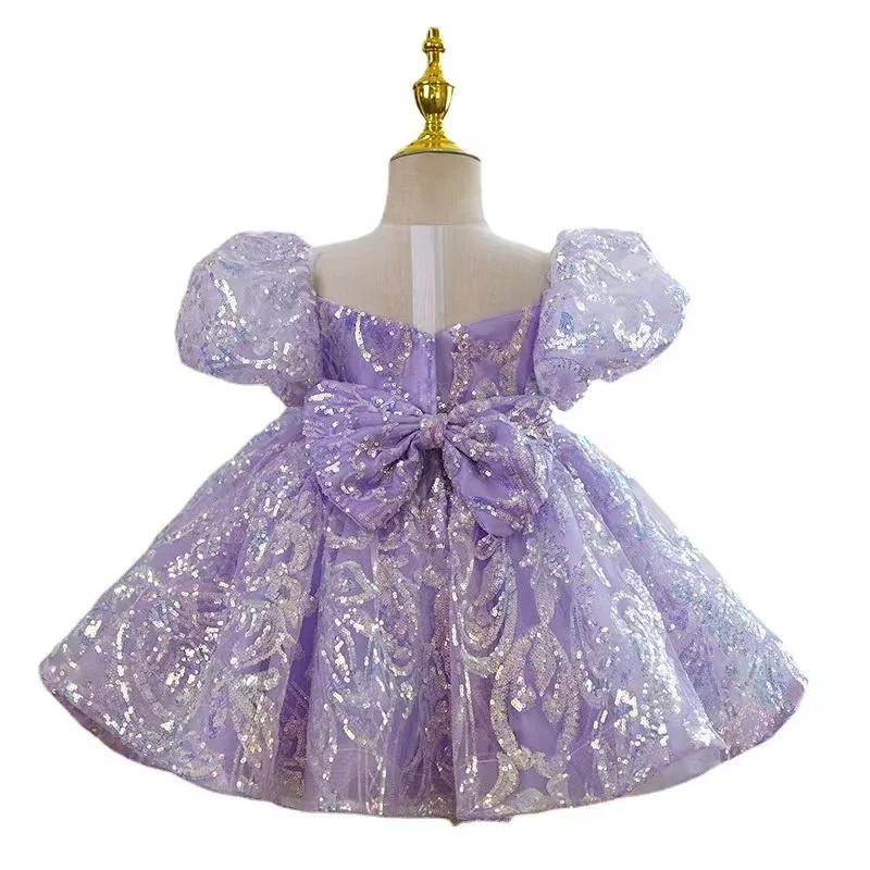 European Style High-end Lovely Purple Sequined Puffy Girls Birthday Wedding Evening Princess Dress For 2-12 Years Children