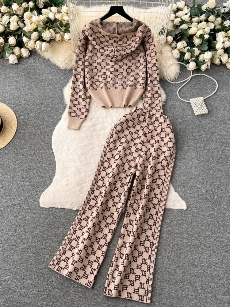 Vintage Gestrickte Anzug Hohe Qualität Sets 2025 Frühling Herbst Plaid Mit Kapuze Top Mantel Breite Bein Hosen Mode Freizeit 2 stück Set Frauen
