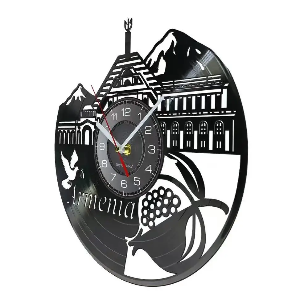 Armenian Travel Skyline Vinyl Album Re-purposed Record Clock Office Room Decor European Pomegranate Art Home Decor Wall Watch