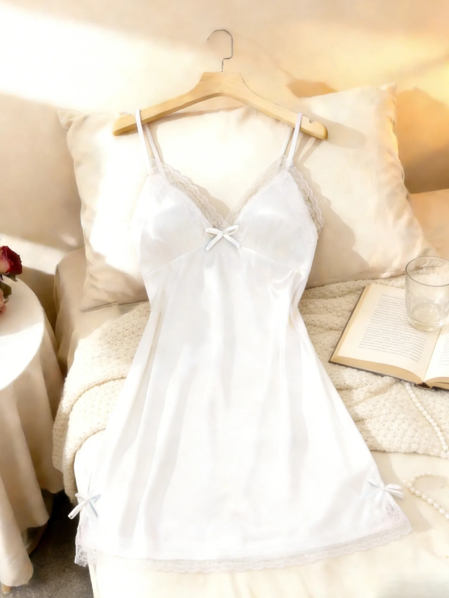 Women Lace Trim Camisole Nightgown V Neck Sleeveless Sleep Dress Soft Solid Color Sleepwear Loungewear Valentine Gift image 2