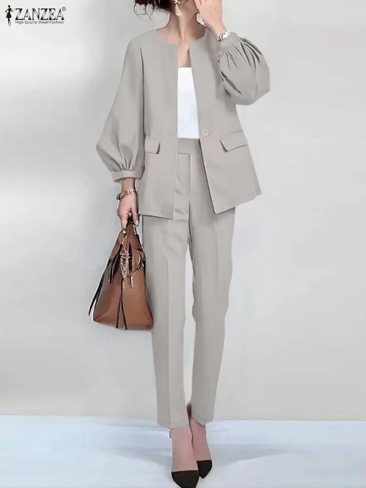 ZANZEA Elegant OL 2 Pieces Pant Sets Fashion O-Neck Lantern Sleeve Outerwear and Pencil Pants Suits Spring 2026 Woman Outfits