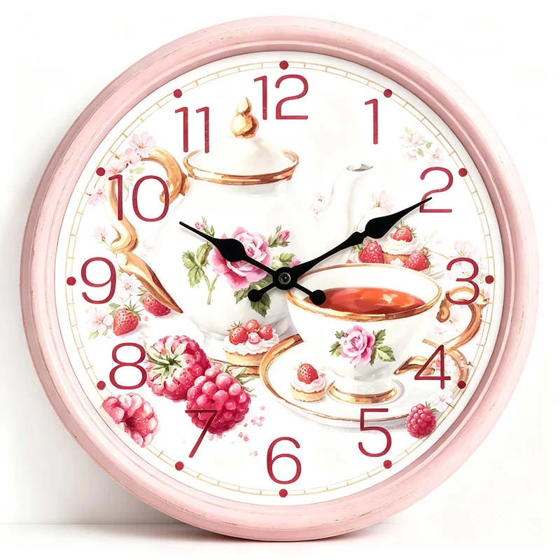 Pink Tea Set Wall Clock Silent Non‑Ticking Round Distressed Pink Wooden Frame Wall Watch Retro Teapot Teacup Rose Strawberry Raspberry Print Shabby Chic Dining Room Kitchen Home Wall Decor Gift