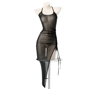 Hete Sexy Jurk Vrouwen Lingerie Kant Perspectief Sexy Bandage Pyjama Meisjes Zwart Mesh Uitgehold Hoge Split Rok Ondergoed