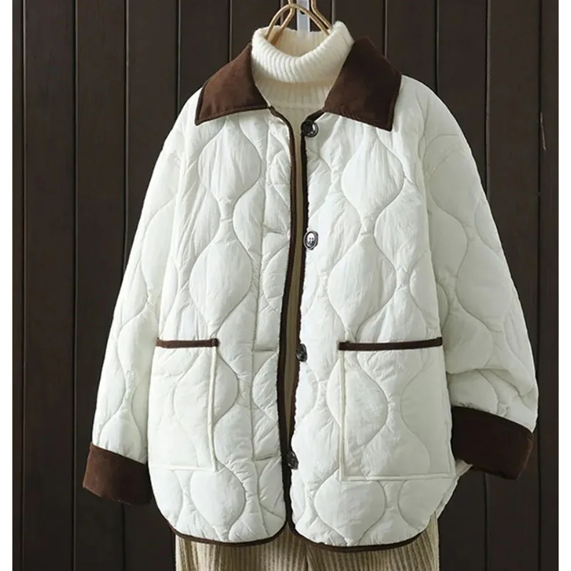 Winter Femme Long Sleeved Parkas Outwear American Women Color Blocked Cotton Padded Coat Autumn Ladies Lapel Down Cotton Jacket