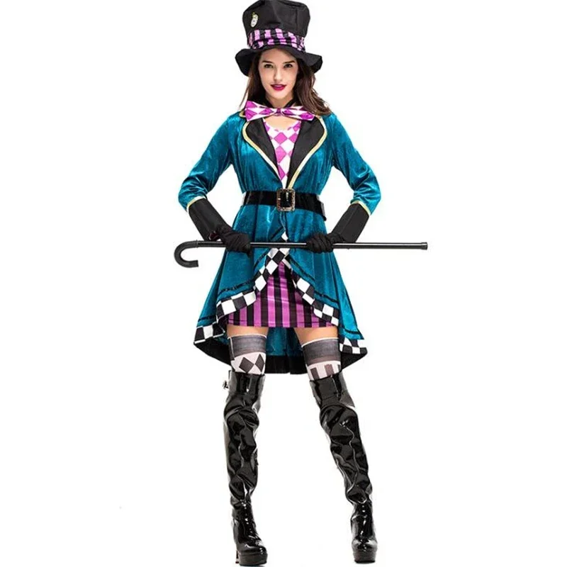 Clown Mad Hatter Costume For Adults Women Fantasias Sexy Magician Cosplay Halloween Carnival Magic Dress