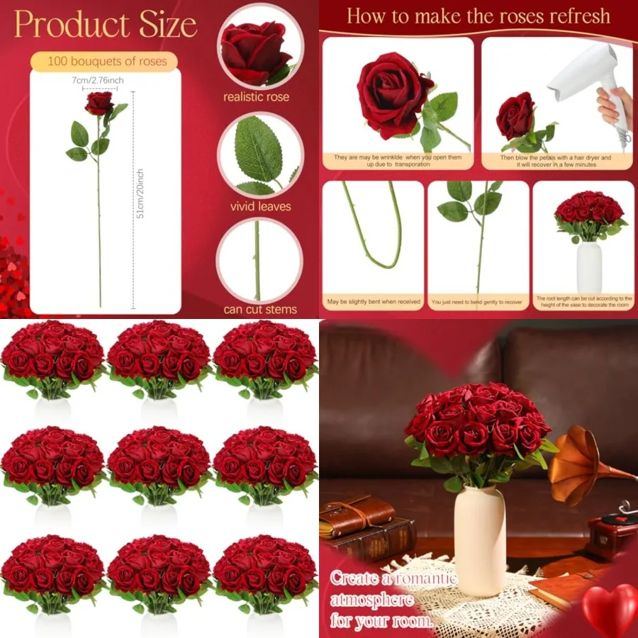 

100 Pieces Artificial Roses Flowers Bulk, Long Stem Realistic Fake Silk Roses Bouquet for Table Centerpiece Vases Wedding Party