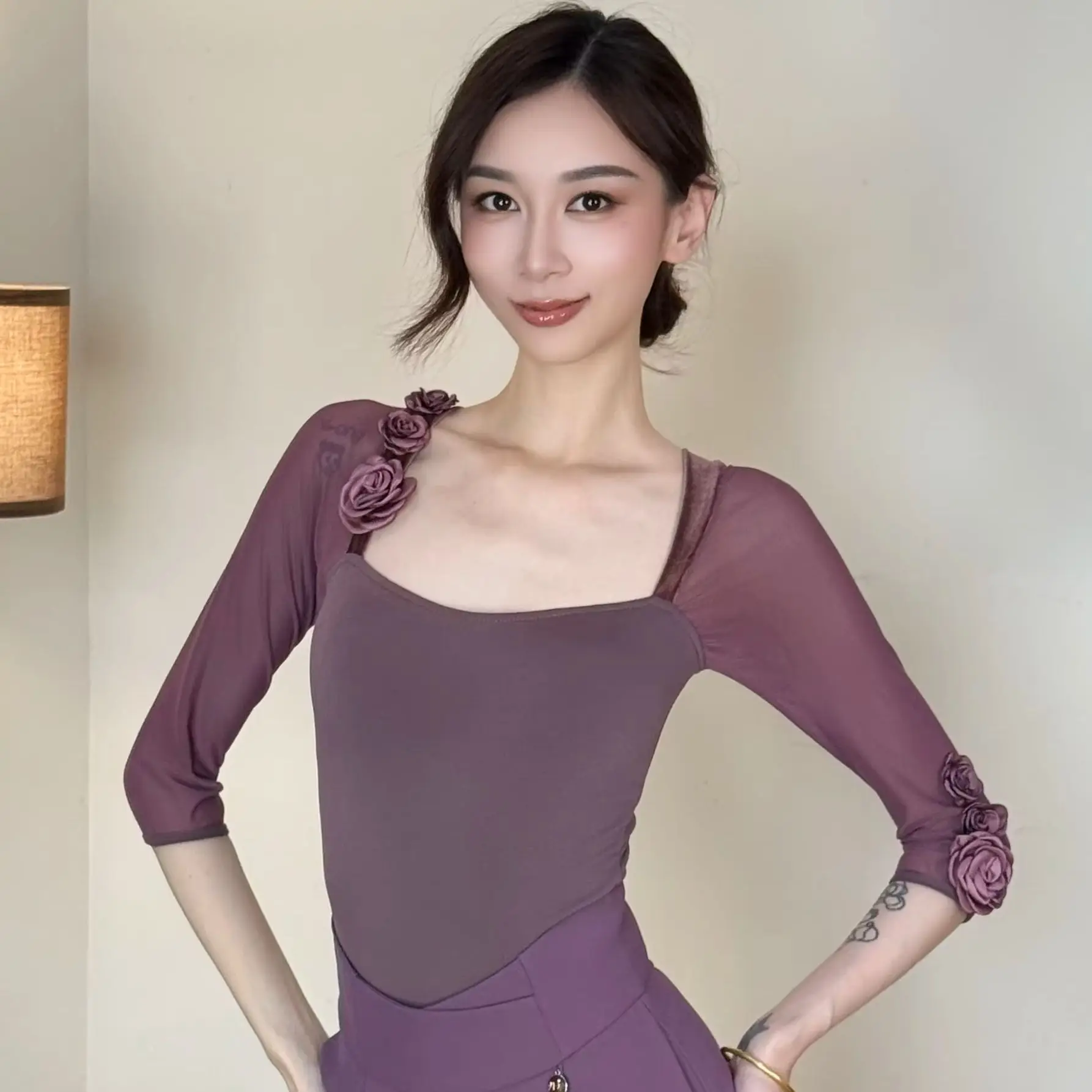 Modern Dance Clothes Mesh Half Sleeve Backless Top Chacha Rumba Tango Latin Waltz Ballroom Dance Practice Costumes Wear DN24082
