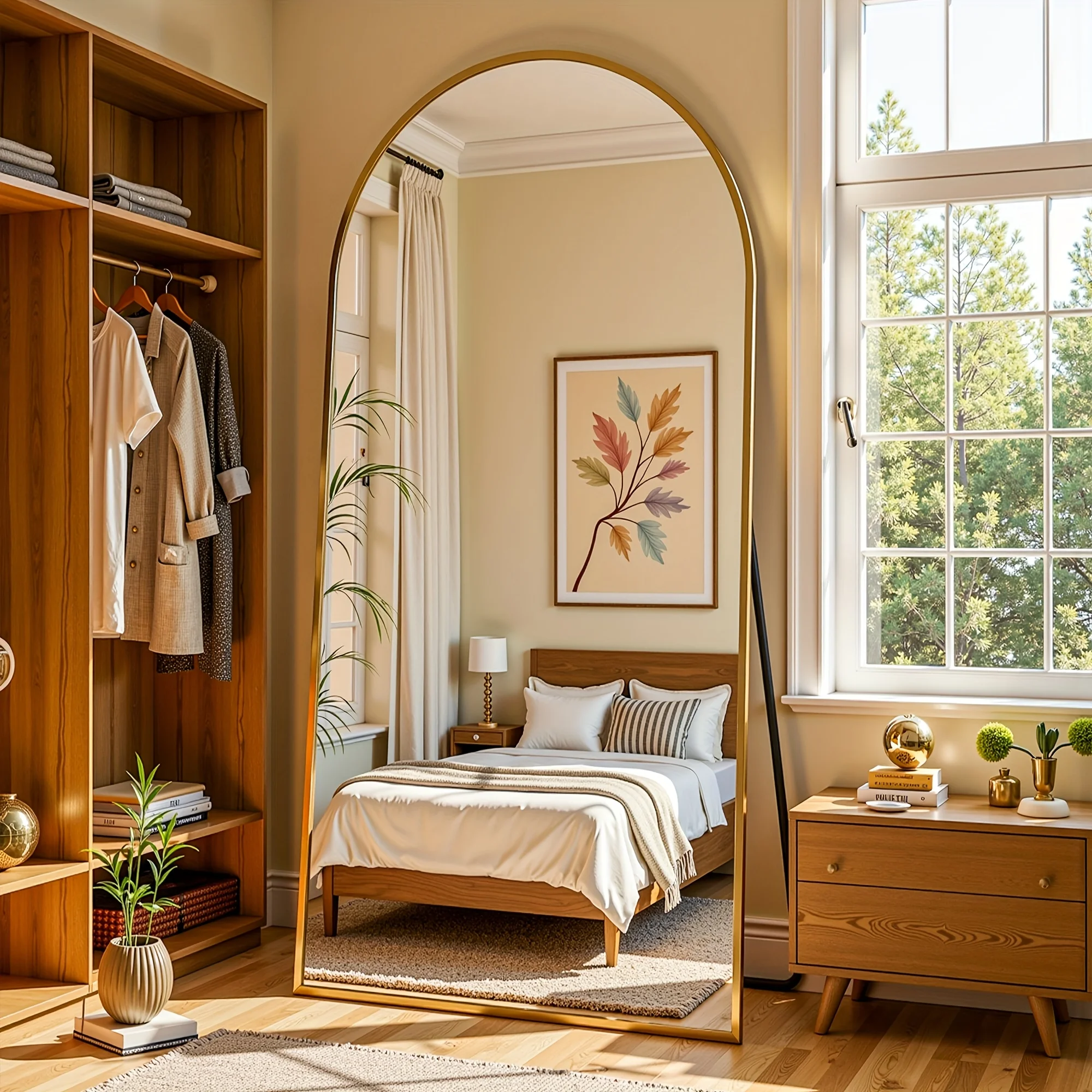 

Oversized Arched Full-Length Floor Mirror,Shatterproof Glass Bronze Frame,Freestanding Wall-Mounted Bedroom Bathroom Living Room