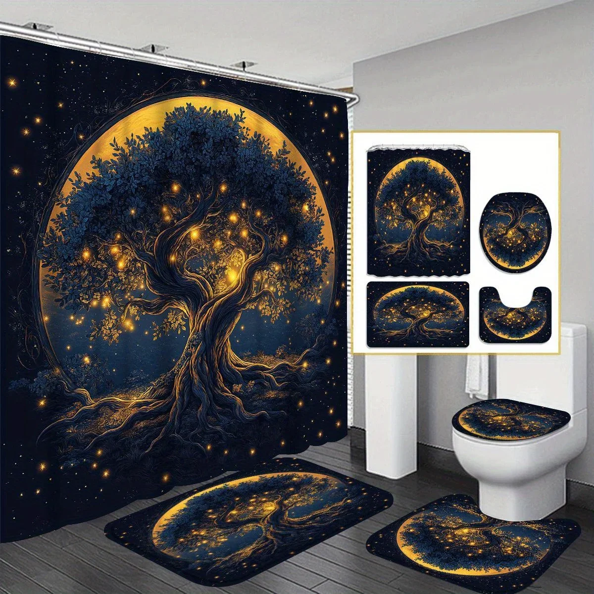 

4-piece shower curtain set bathroom decoration shower curtain set non-slip bathroom carpet U-shaped toilet mat toilet cover