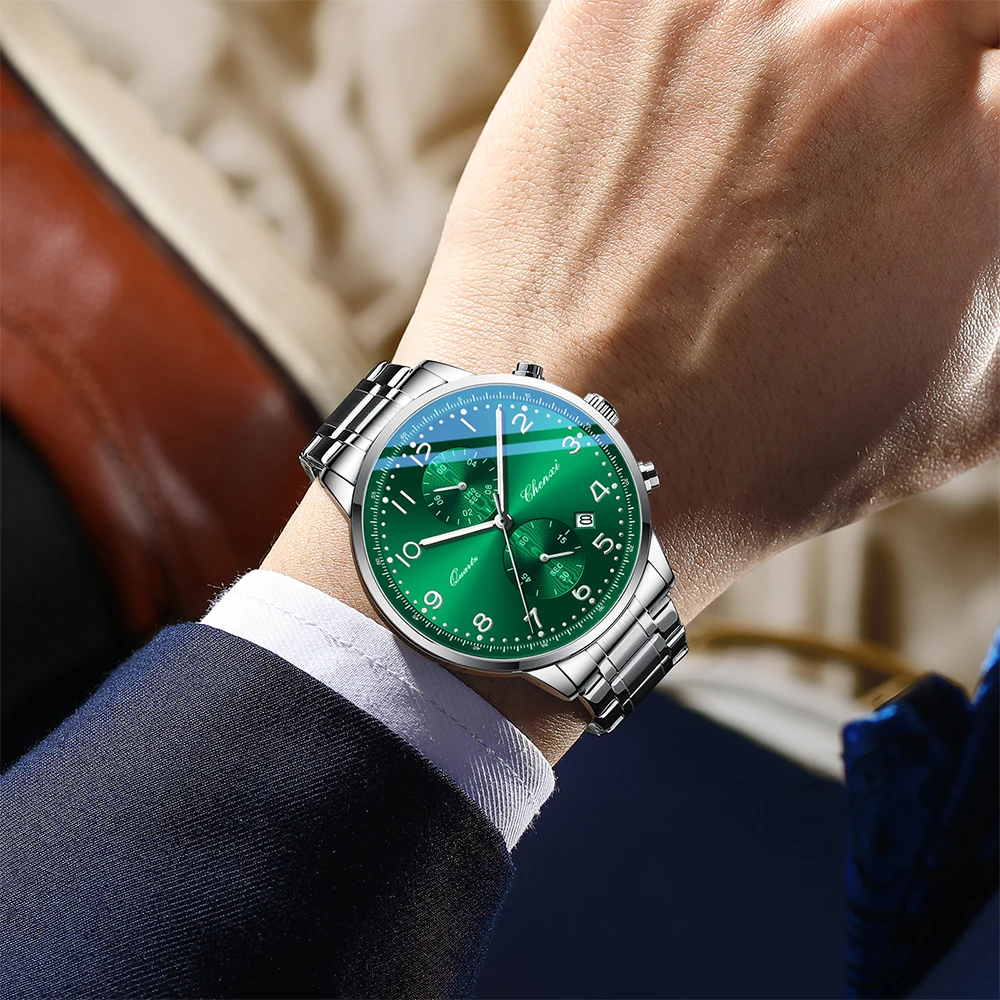 첸시 남성용 다기능 쿼츠 시계, 캘린더, 야광, 방수, 크로노그래프, 스톱워치