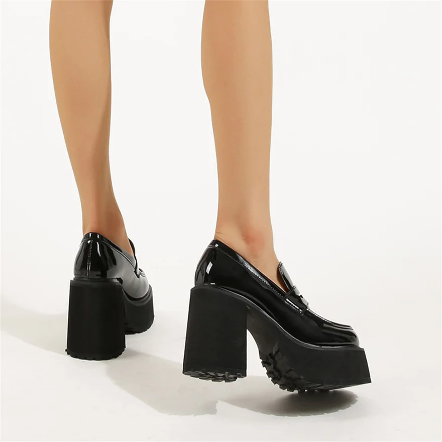 Slip-On Classic Female Loafers Shoes New Thick Heels Black Patent Leather Pumps Retro Girls Platform High-Heeled Shoes for Women