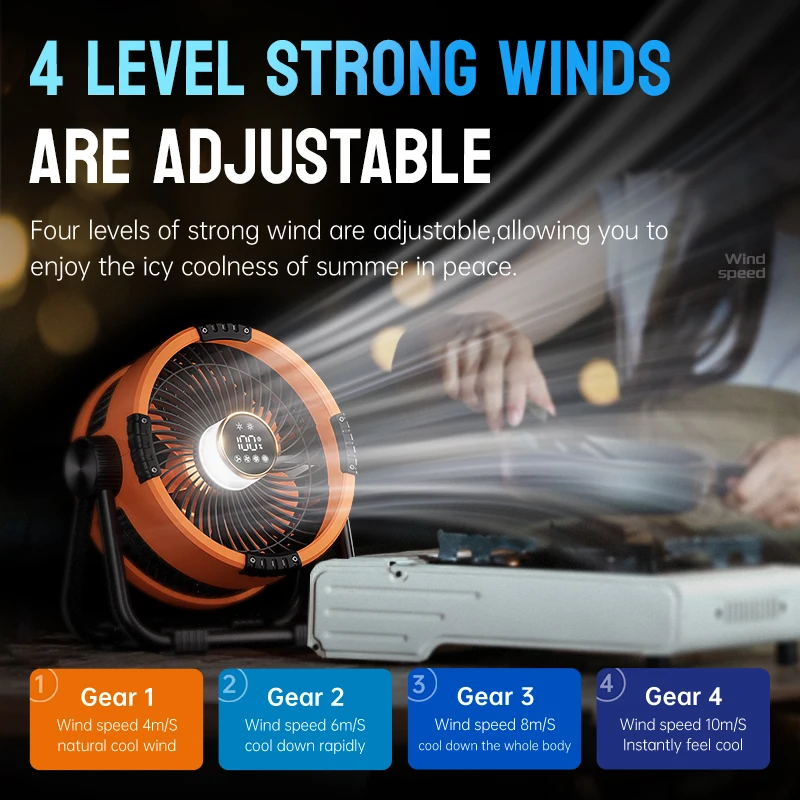 Camping Fan 20000mAh Rechargeable Portable Outdoor Camping Fan Air Circulators Wireless Tent Ceiling Fans with Hook and Light