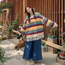 Sweet Fashion Sping Autumn New Sweaters Women O-Neck Rainbow Stripes Tassel Korean Chic Long Sleeve Loose Pullovers Knitted Tops