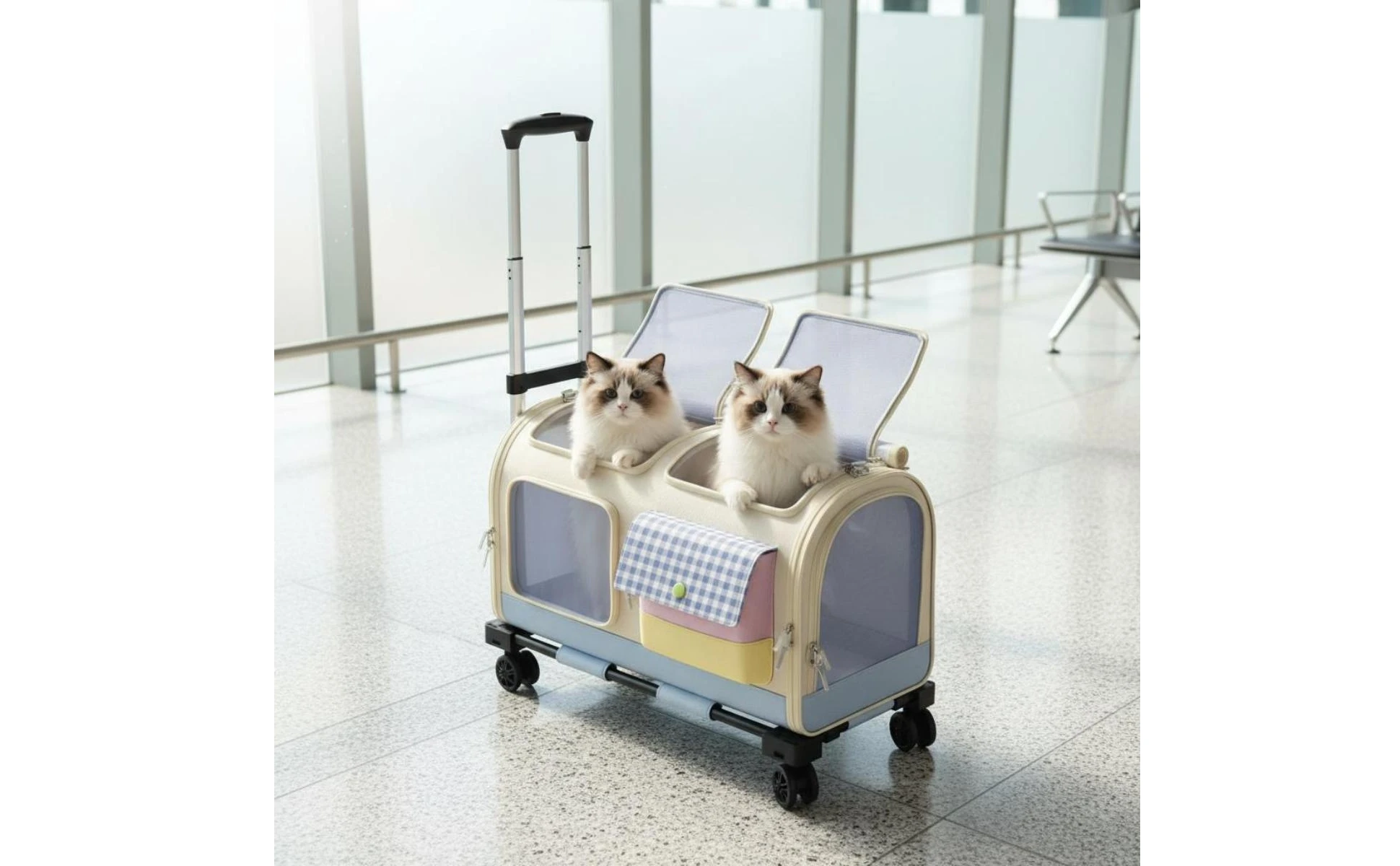 Feline Rolling Suitcase Telescopic Handle Pet Rolling Suitcase Multi-Feline Carrier Breathable Mesh Pet Carrier with Wheels