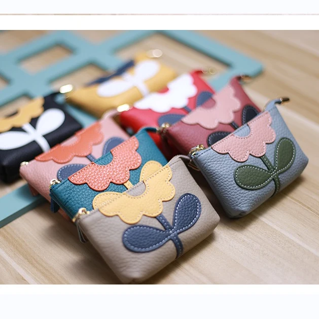 Genuine Leather Flower Pattern Coin Purses Small Fashion Coin Wallet Lady Money Storage Bag Mini Wallet