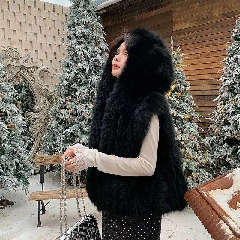 Thickened Vest Double-sided Fluffy Big White Bear Imported Fox Hair Fashion Thickened Big Hat Vest Exquisite Simple Personality