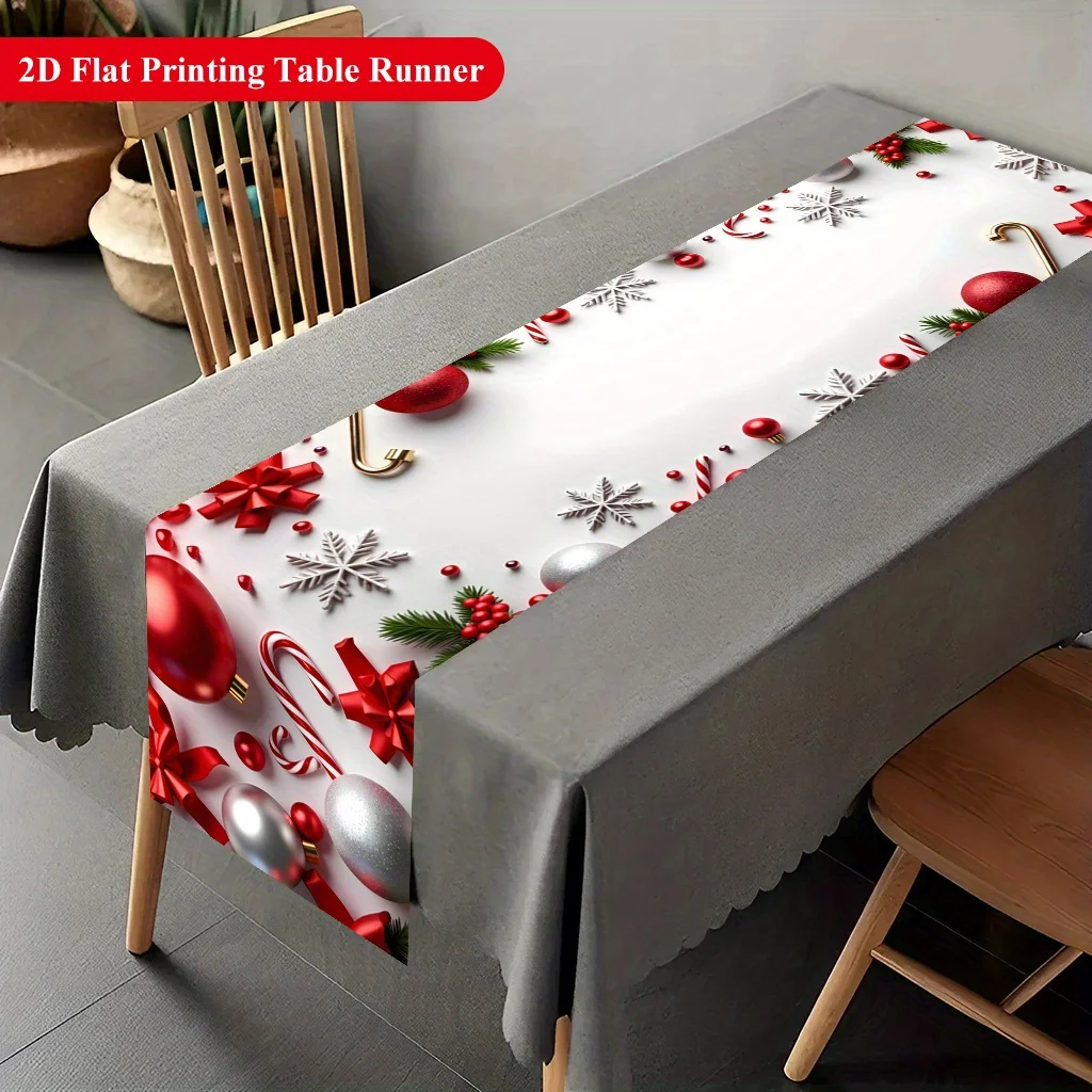 2D‑Printed Red‑White Christmas Element Table Runner, Decor for Dining Table, Coffee‑Table, Gatherings, Indoor‑Outdoor Parties